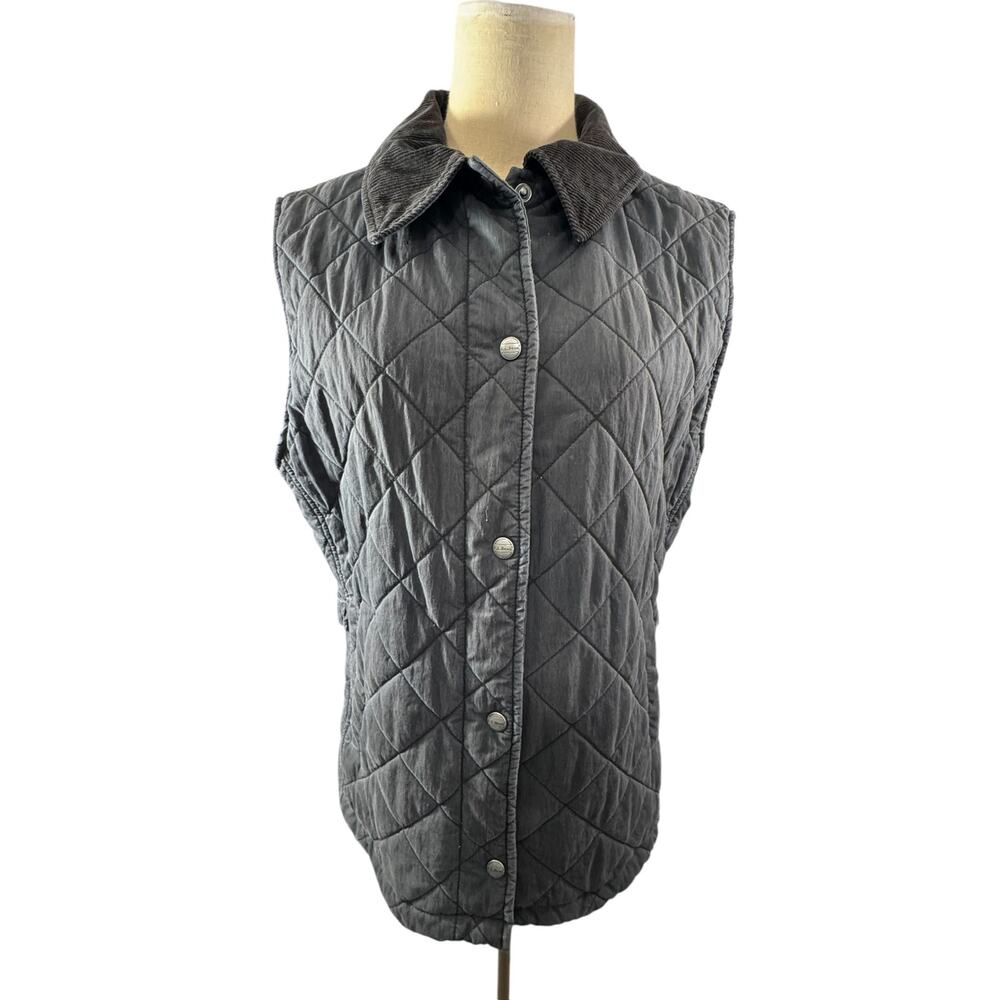 "LL BEAN" Womens Black Quilted Vest Zip Snap Insulated Corduroy Collar BARN COAT